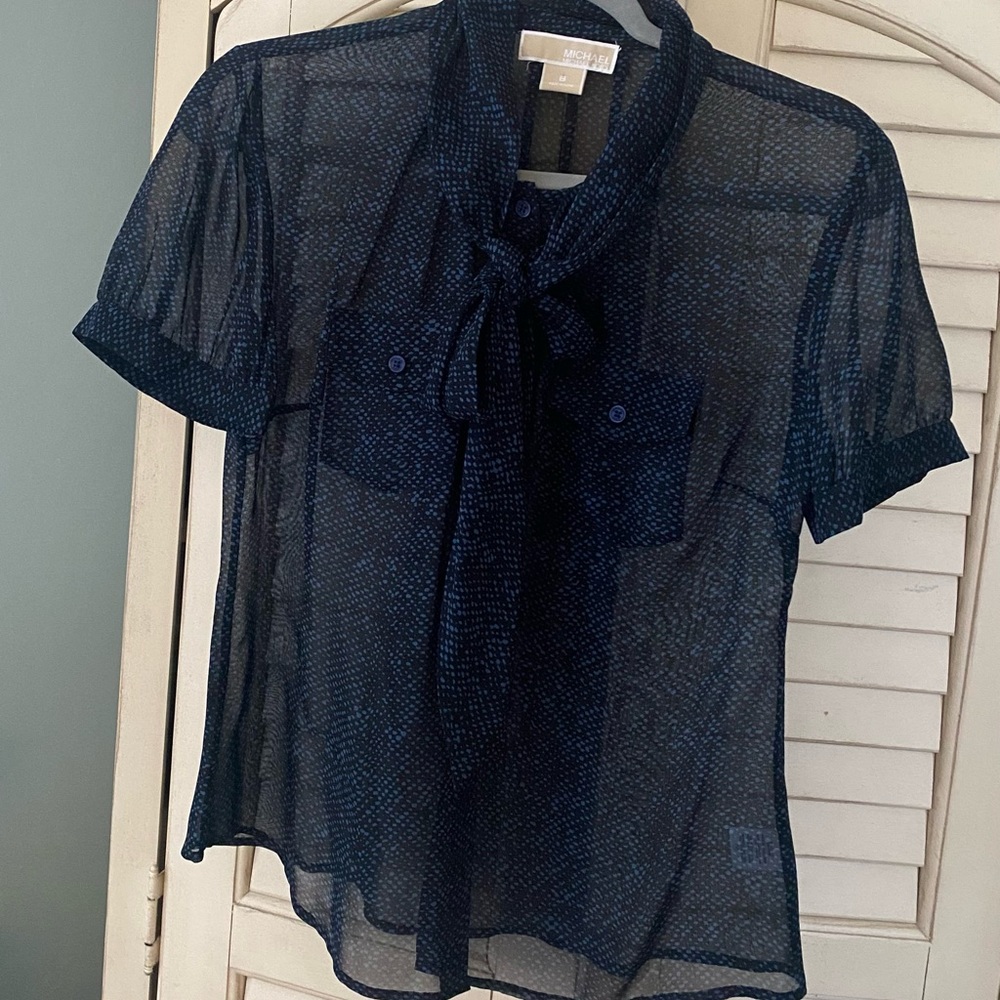 MICHAEL Michael Kors Navy Sheer Tie-Neck Blouse